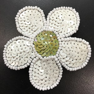 White Flower with Sequins and Beads Green Center 2.5"