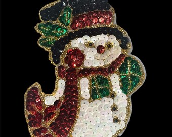 Snowman with Christmas Hat and Scarf Sequin Beaded Appliqué 4.75" x 4"