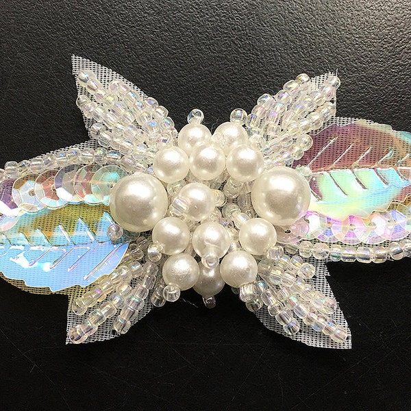 Designer Motif Leaf Appliqué with Iridescent Sequins, Beads and Center White Pearl Cluster, 3" x 1.5"