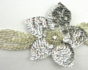 Flower with Silver Sequins and Long Leaf Silver Beaded 7" x 3"