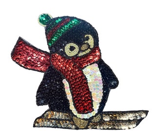 Penguin Skiing 6.5" x 6.5" Sequin and Beaded