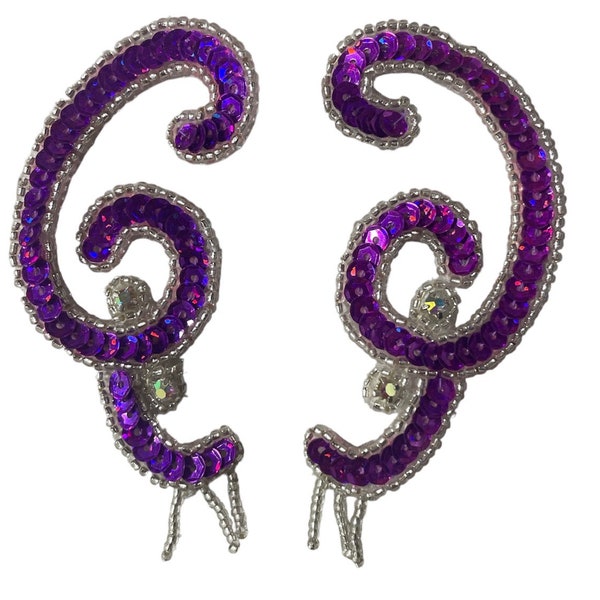 Choice of Color, Designer Motif Swirl Pair, Sequin Beaded with Rhinestones, 4" x 2" (each side)