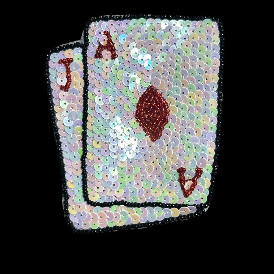 Playing Card Applique with Iridescent Sequins, Black and Red Beads 4" x 3.25"