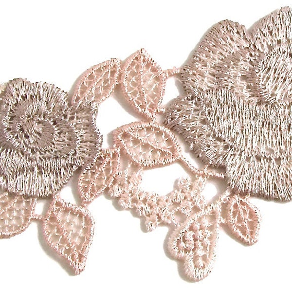 Flower Embroidered Applique with Pink and Tan 2.5" x 6"