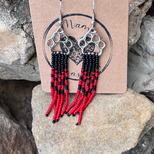 Bobcat Paw Print Earrings, Red and Black Earrings, Cat Paw Earrings, Wildcat Earrings, Fish Hook Earrings,