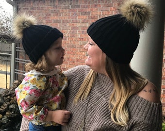 Mommy and Me Winter Hats with Faux Fur Pom Poms, Baby Knit Hat with Fur Pom Pom, Matching Mom and Baby Hats, Baby gift, Women's Hat Fur Pom