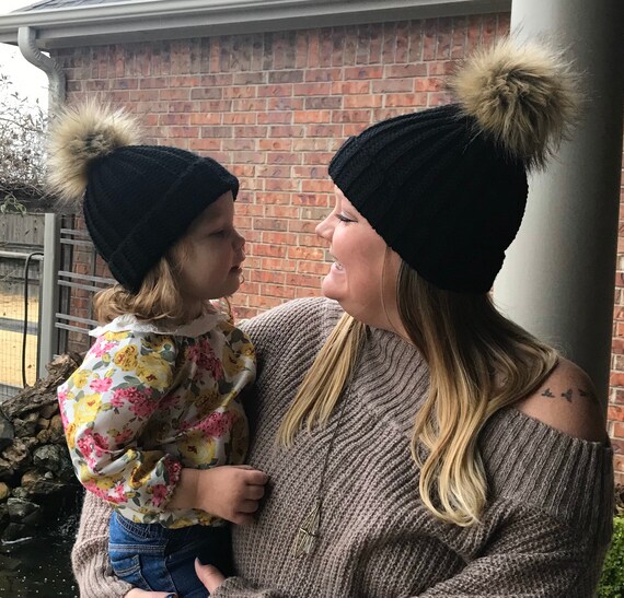 Mommy and Me Winter Hats With Faux Fur Pom Poms, Baby Knit Hat