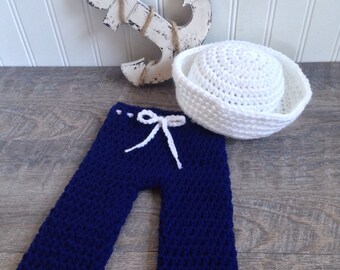 Crochet Sailor Outfit, Newborn Photo Shoot Outfit, Navy Sailor Suit, Preemie Photo Prop, Baby Boy Photo Prop, Crochet Baby Boy Pants