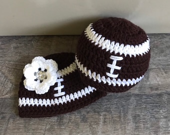 Newborn Football Hat, Preemie Football Hat, Handmade Crochet Football Hat, Baby Shower Gift, Baby Football Hat, Football Hat with Flower