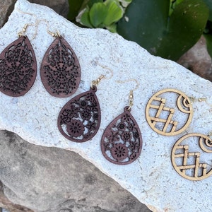 Carved Wood Teardrop Earrings, Gold Earrings, Wood Earrings, Birthday Gift, Handmade Earrings, Brown Earrings