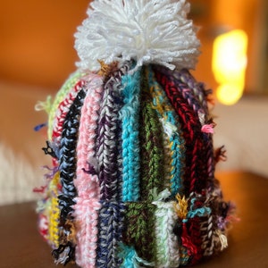 Childs Scrappy Knit Hat, Youth Scrap Yarn Beanie, Boho Beanie, Eclectic Hat, Hippie Hat, Fray Crochet Beanie, Funky Beanie, Kids hat