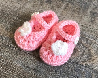 Baby Girl Crochet Booties with Flower, Crochet Newborn Baby Shoes, Pink Baby Shoes, Pink Baby Booties, Baby Booties, Shower Gift