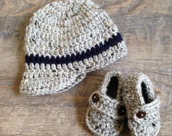 Baby Newsboy Hat and Baby Loafers, Newborn photo prop, Crochet Loafers, Newsboy Hat, Baby Boy Photo Prop, Baby Shower Gift