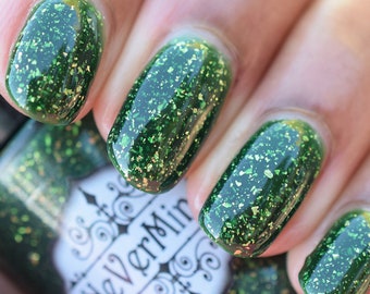 Saturnalia - Green Jelly Nail Polish with Gold Metellic Flakes - NeVerMind Polish