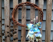 Handmade hand woven grapevine wreath with glass gem corn and ribbon, rustic primitive fall autumn farmhouse home decor