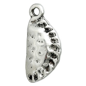 May include: Silver charm shaped like a half-moon pie crust. The charm has a detailed design and a loop for attaching to a bracelet or necklace.