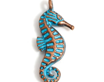 10 x Zinc Based Alloy Blue Patina Seahorse Charms - Antique Copper - 22mm x 9mm