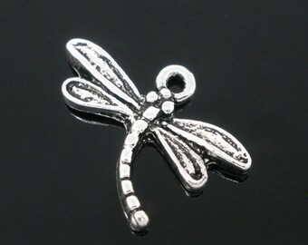 10 x Dragonfly Charm Antique Silver 19mm x15mm