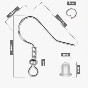 May include: Silver earring hooks with a spring-loaded closure and a small ball at the end. The hooks are 20 mm long and 8.5 mm wide. The ball is 2.5 mm in diameter. The spring is 4 mm long. The hook is 5 mm wide at the top.