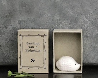 Puede incluir: Un pequeño erizo de cerámica blanca (4,5 x 3 cm) dentro de una caja de cerillas. La caja de cerillas tiene el texto "Sending you a Hedgehug" y un borde decorativo. Una pequeña planta verde está al lado de la caja.