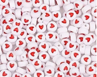 100Pcs  white and red round heart beads