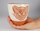 Huge with Cat Ornamet mug, handmade Pottery Mug, Coffee Mug, Sgraffito cup, Lithuanian red earthenware