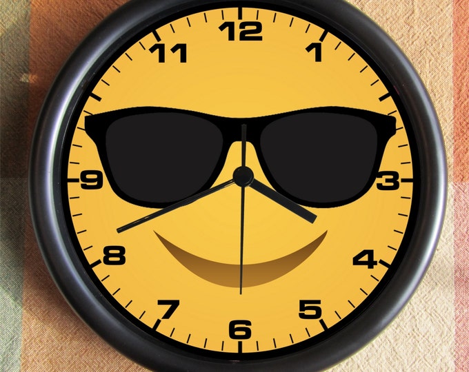 Emoji SUNGLASSES Smile and Love Emoji Back to School BIG Full 10 inch black wall clock  Ships Tomorrow