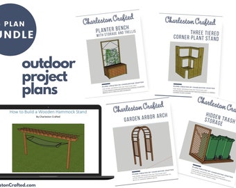 May include: A bundle of five outdoor project plans from Charleston Crafted. The plans include a planter bench with storage and trellis, a three-tiered corner plant stand, a garden arbor arch, a hidden trash can storage, and a wooden hammock stand.