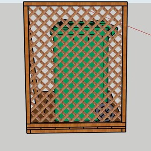 May include: A wooden lattice screen with a diamond pattern, framing a green rectangular object. The screen has a brown frame and is set against a light gray background. The design suggests a garden or outdoor structure.