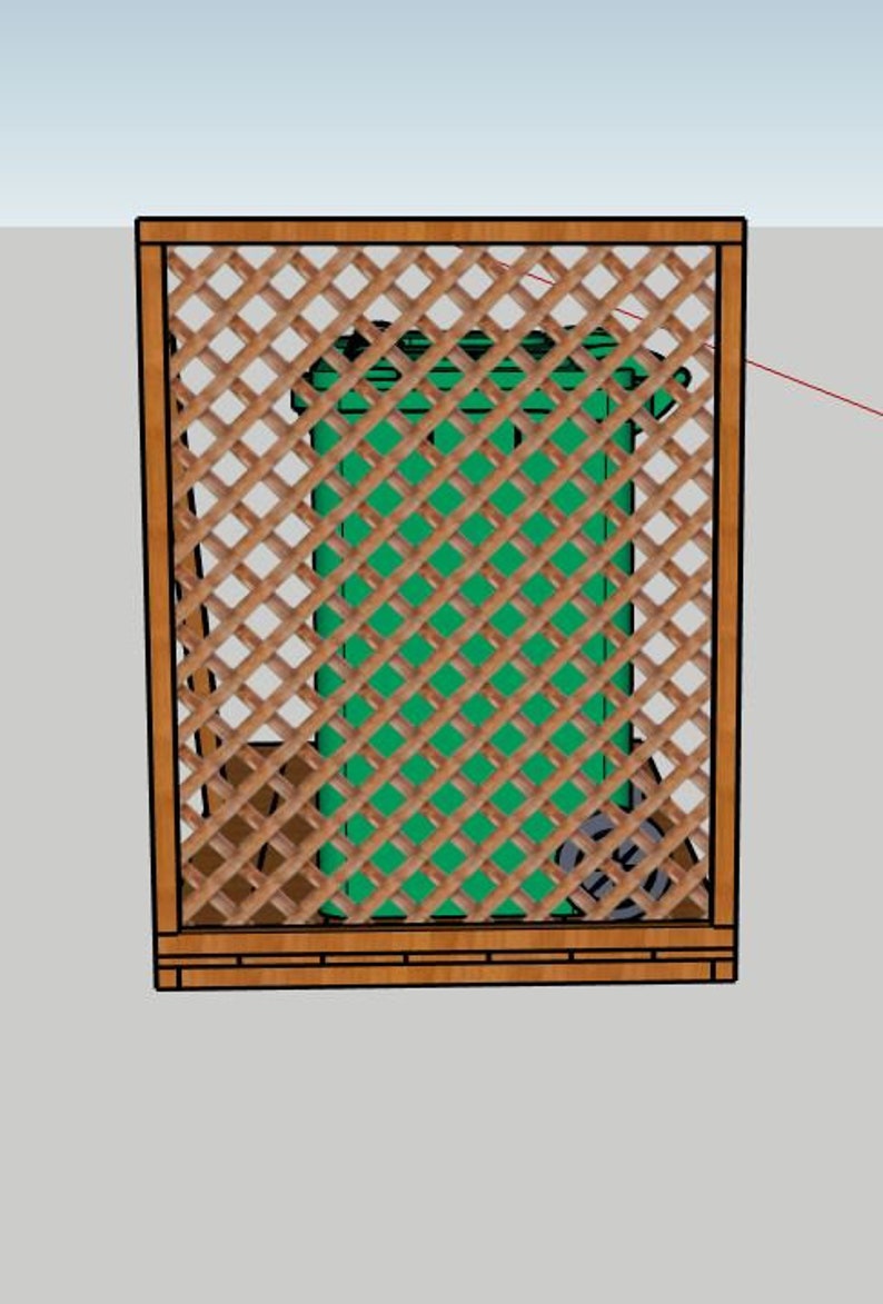 May include: A wooden lattice screen with a diamond pattern, framing a green rectangular object. The screen has a brown frame and is set against a light gray background. The design suggests a garden or outdoor structure.