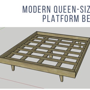 May include: A wooden queen-size platform bed frame with a slatted base and four legs. The bed frame is made of natural wood and has a modern design.