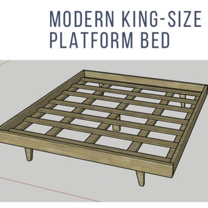 May include: A wooden platform bed frame in a light brown colour. The frame has a slatted base and four legs. The bed is designed for a king-size mattress. "MODERN KING-SIZE PLATFORM BED" is written in the image.