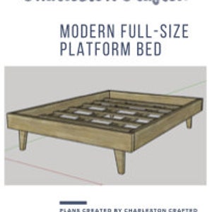 May include: A modern full-size platform bed frame with a light wood finish and four legs. The bed frame is made of wood and has a slatted base.