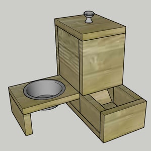 Puede incluir: Un dispensador de comida para mascotas de madera con un tazón y un cajón. El dispensador tiene una perilla en la parte superior y está hecho de madera marrón claro.