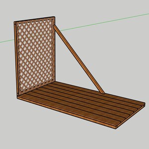 May include: A brown wooden trellis with a lattice design, attached to a wooden platform. A diagonal wooden support beam is connected to the trellis and platform, creating a corner structure. The design is rendered in a 3D style.