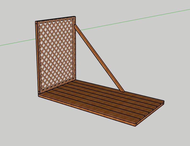 May include: A brown wooden trellis with a lattice design, attached to a wooden platform. A diagonal wooden support beam is connected to the trellis and platform, creating a corner structure. The design is rendered in a 3D style.
