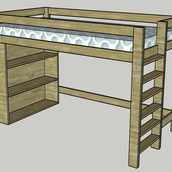 Kids loft bed with bookcase storage Woodworking PDF Plans Printable