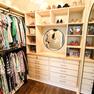 DIY walk in closet built in dresser with cubby storage - Printable PDF Woodworking Plans