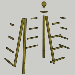 May include: A wooden plant stand with a decorative finial on top. The stand is made of multiple pieces of wood that are assembled together to form a ladder-like structure. The stand is designed to hold plants or other decorative items.