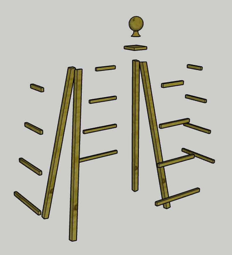 May include: A wooden plant stand with a decorative finial on top. The stand is made of multiple pieces of wood that are assembled together to form a ladder-like structure. The stand is designed to hold plants or other decorative items.
