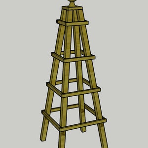 May include: A wooden plant trellis with a pyramid shape and a rounded finial on top. The trellis is made of natural wood and has a rustic look.
