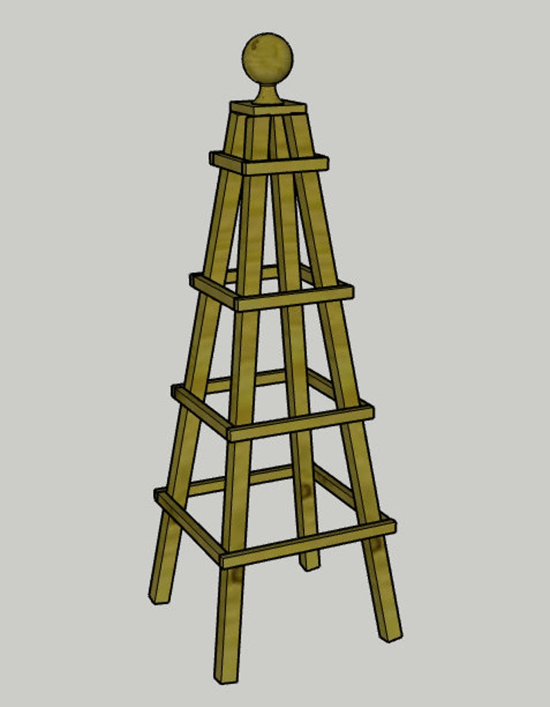 May include: A wooden plant trellis with a pyramid shape and a rounded finial on top. The trellis is made of natural wood and has a rustic look.