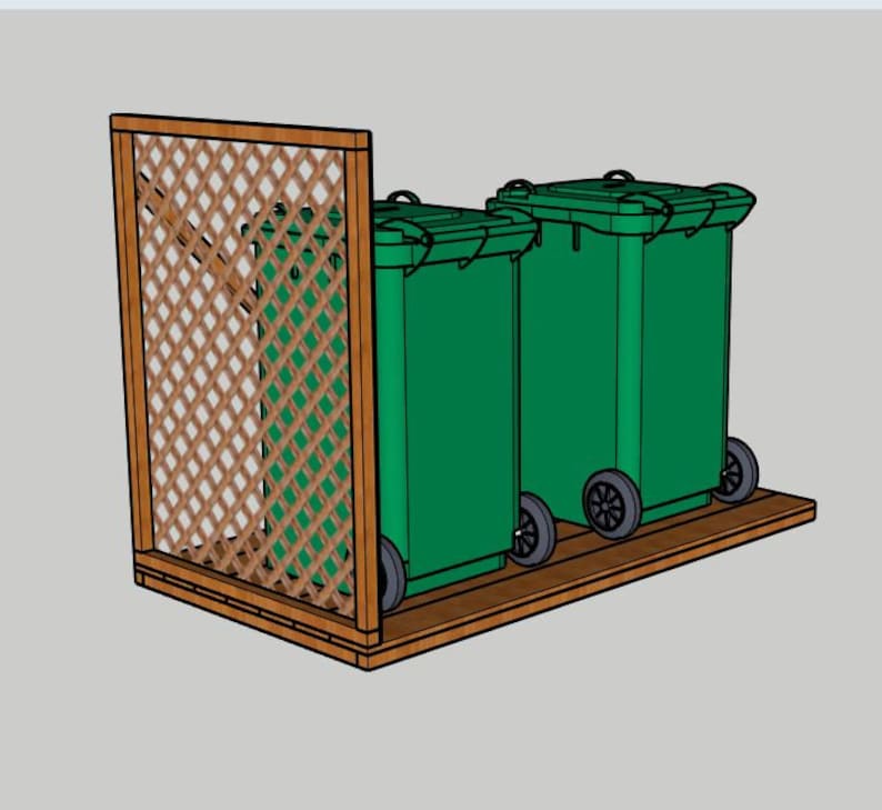 May include: A wooden trash can enclosure with a lattice screen. Two green trash cans with wheels are inside the enclosure. The enclosure is made of brown wood and sits on a wooden base.