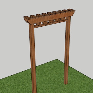 May include: A brown wooden pergola with a rectangular top and two vertical posts. The pergola is set on a patch of green grass. The top has a series of evenly spaced slats. The structure is designed for a garden.