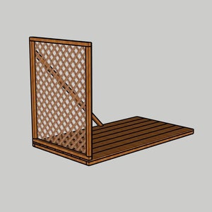 May include: A wooden outdoor privacy screen with a lattice design and a deck. The screen is made of brown wood and has a rectangular shape. The deck is also made of brown wood and is attached to the screen.