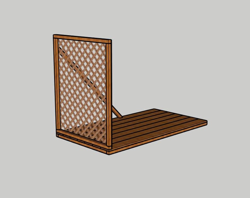 May include: A wooden outdoor privacy screen with a lattice design and a deck. The screen is made of brown wood and has a rectangular shape. The deck is also made of brown wood and is attached to the screen.