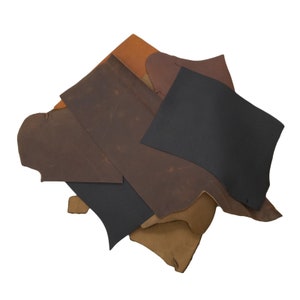 Bolsa de 3 libras de cuero genuino curtido al aceite, piel de vaca, tonos tierra neutros, piezas grandes, restos de cuero para botas, cuero para carteras, material reciclado