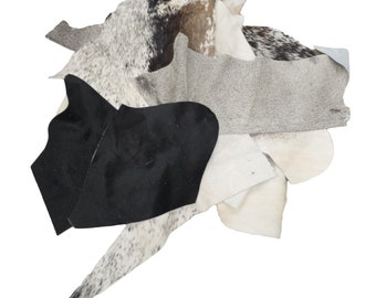 Cowhide Leather / Hair On Scraps / Brindle / Bi Color / Peppered / Black / White / Grey / Scrap Remnants / Leatherworking Supplies