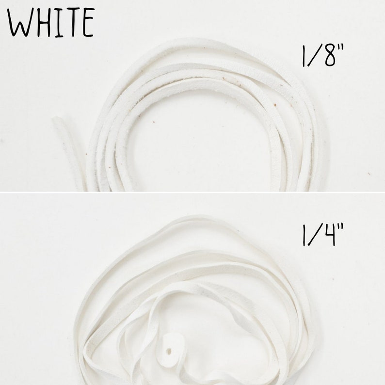 May include: Two spools of white leather cord. The top spool is 1/8 inch thick and the bottom spool is 1/4 inch thick.