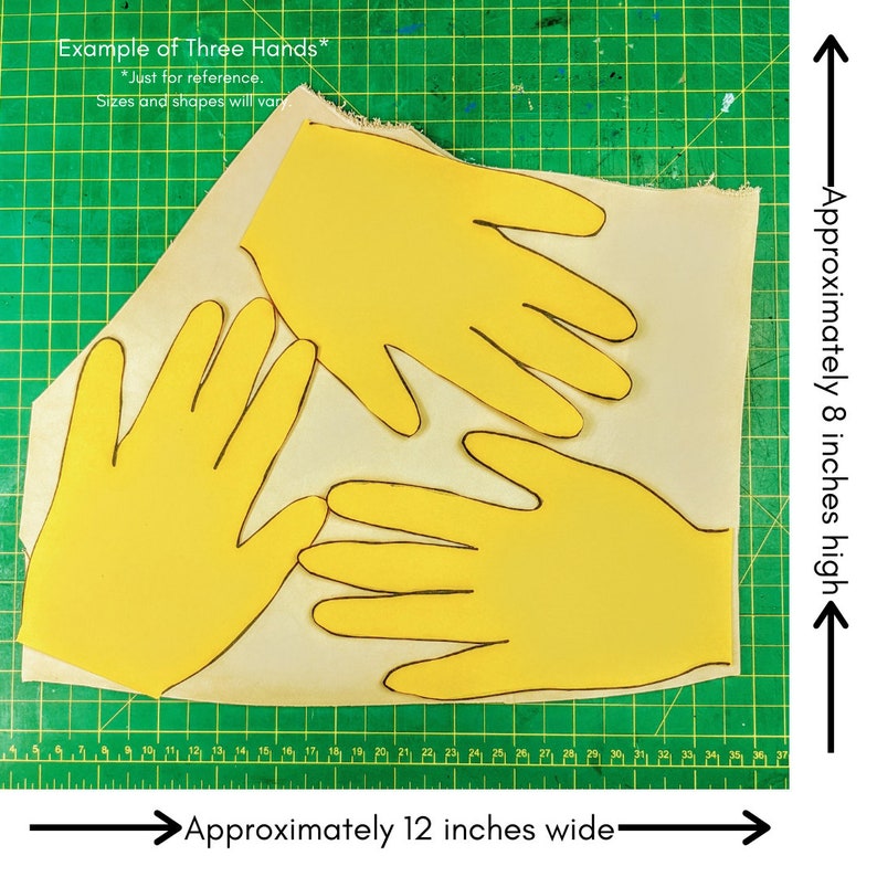 May include: Three yellow fabric hand shapes on a white fabric background. The fabric is on a green cutting mat with inch markings. The fabric is approximately 8 inches high and 12 inches wide. The text "Example of Three Hands*" is at the top of the image. The text "*Just for reference. Sizes and shapes will var" is below the first line of text.